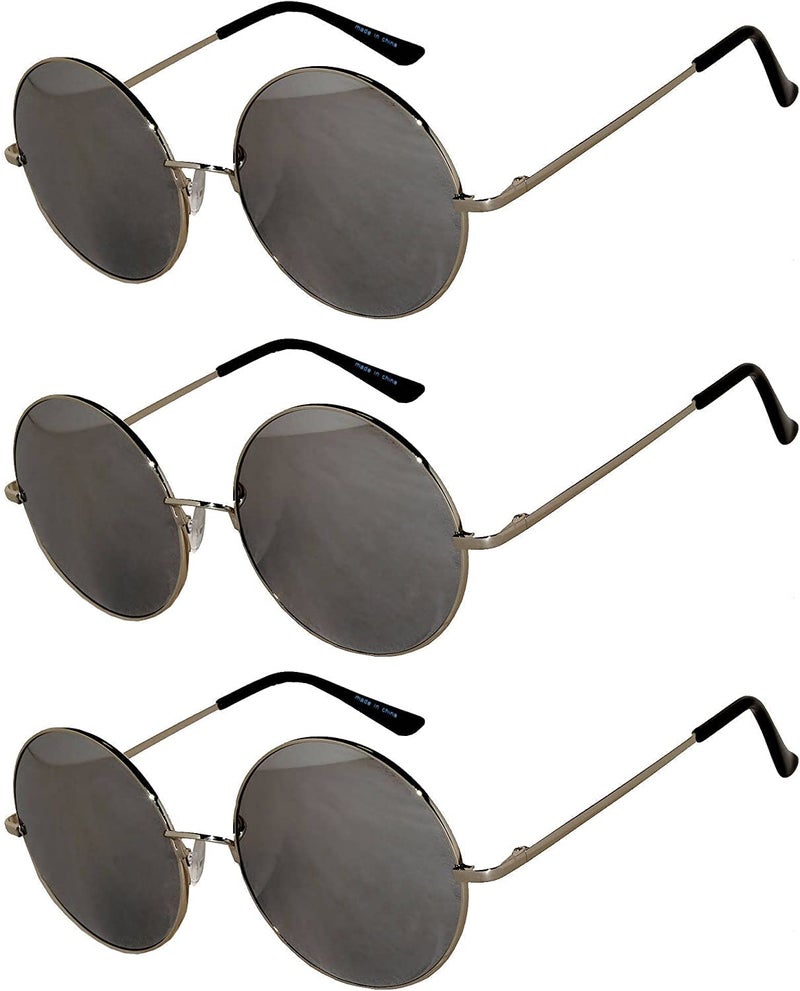 OWL 3 Pairs Round Retro Vintage Silver Mirror Lens Sunglasses Silver Metal Frame OWL - Image 1